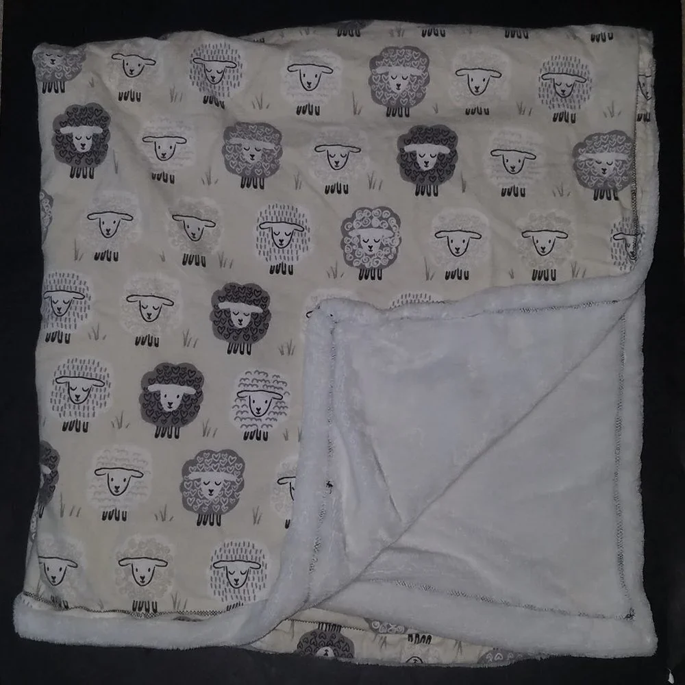 Sheep Lamb Baby Blanket Lovey Fleece Soft Gray White Tan Wooly Hearts 39x39